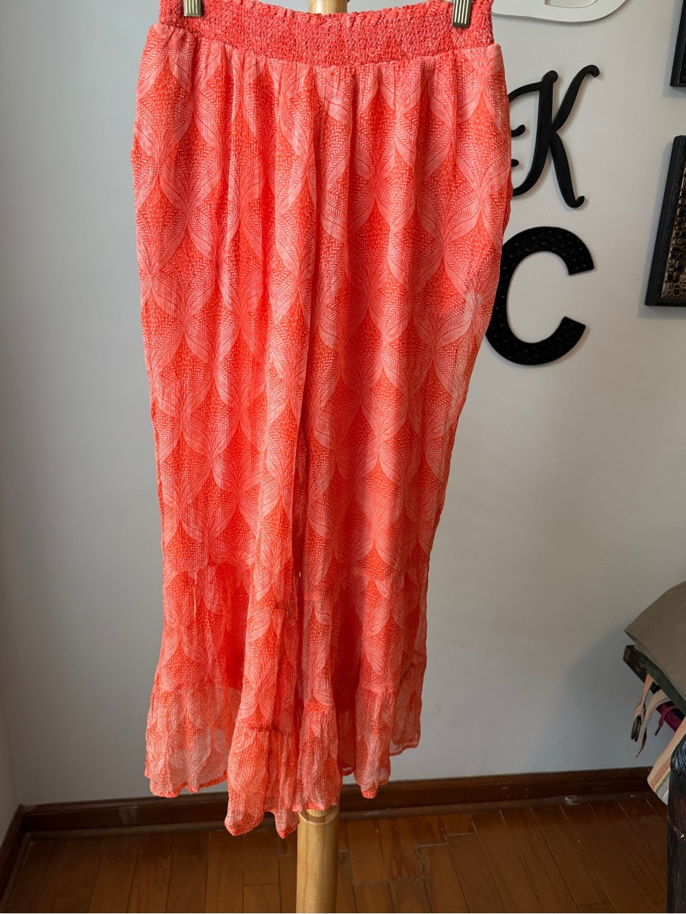 Sundance Smocked Waist Wide Leg Pants Size XS Orange Print Ruffle Hem Pockets